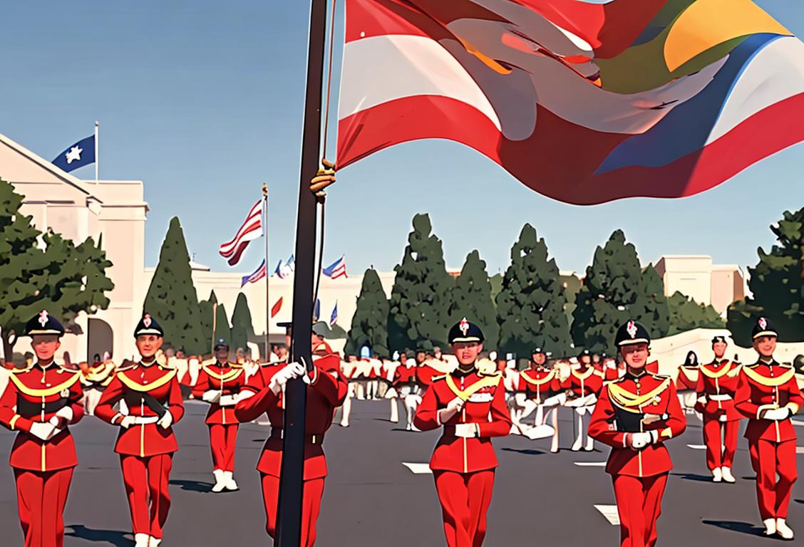 Cheerful National Guard after Day celebration with diverse group in uniform, showcasing camaraderie, active outdoors setting with American flags waving in the background..