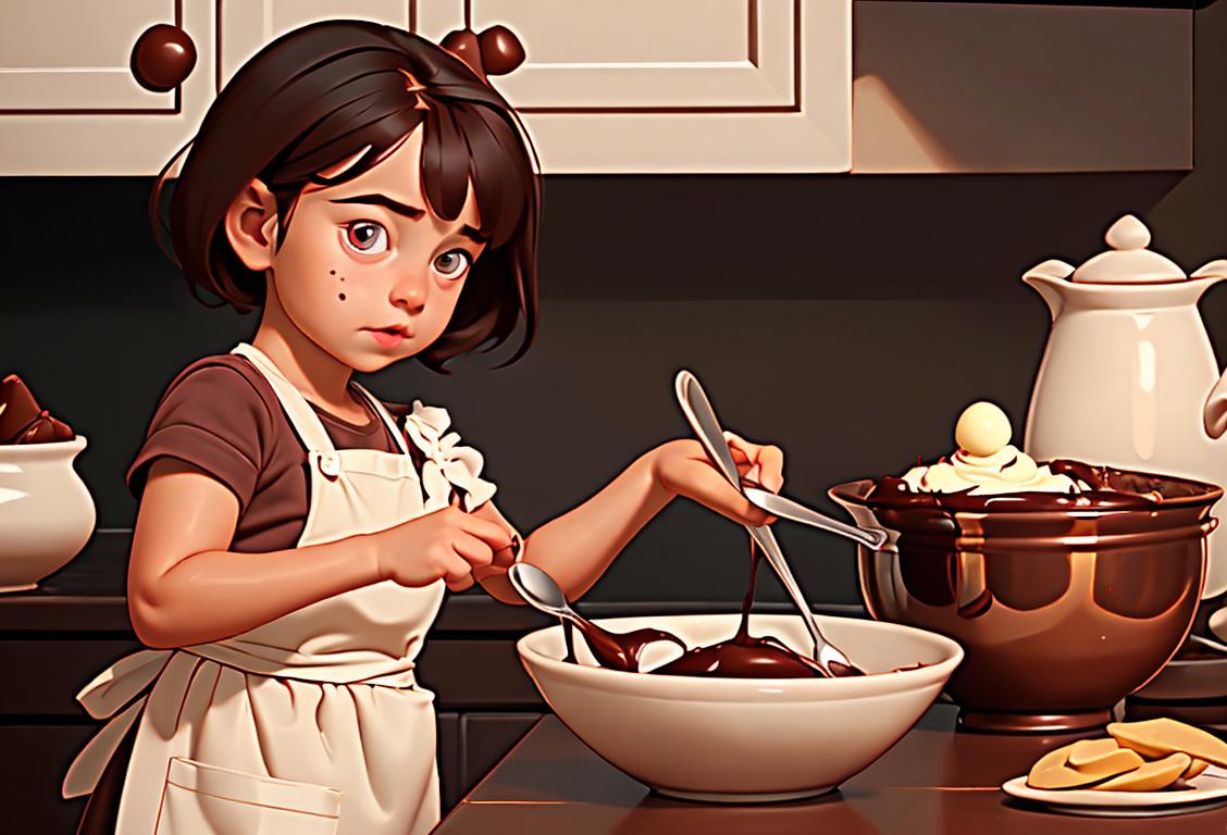 Young child with a spoon, eagerly dipping it into a bowl of chocolate pudding, wearing a cute apron, kitchen setting with utensils and ingredients scattered around..