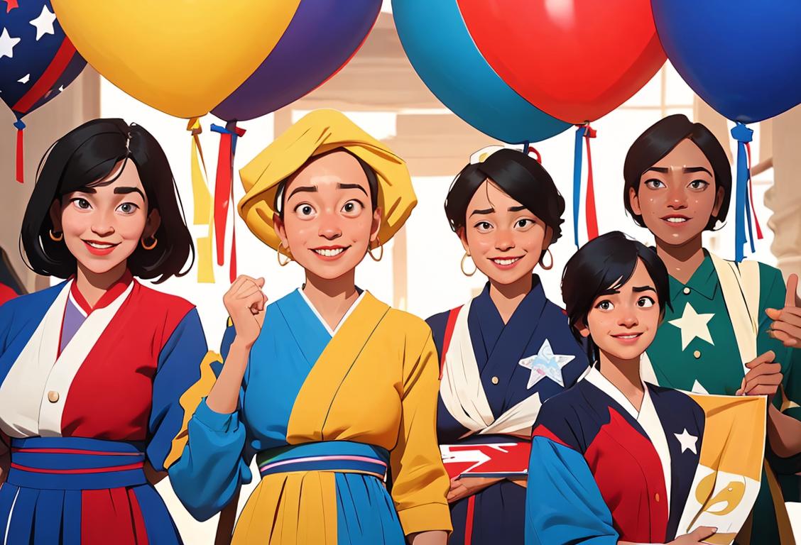A diverse group of smiling individuals wearing comfortable attire, standing in a vibrant community gathering with patriotic decorations..