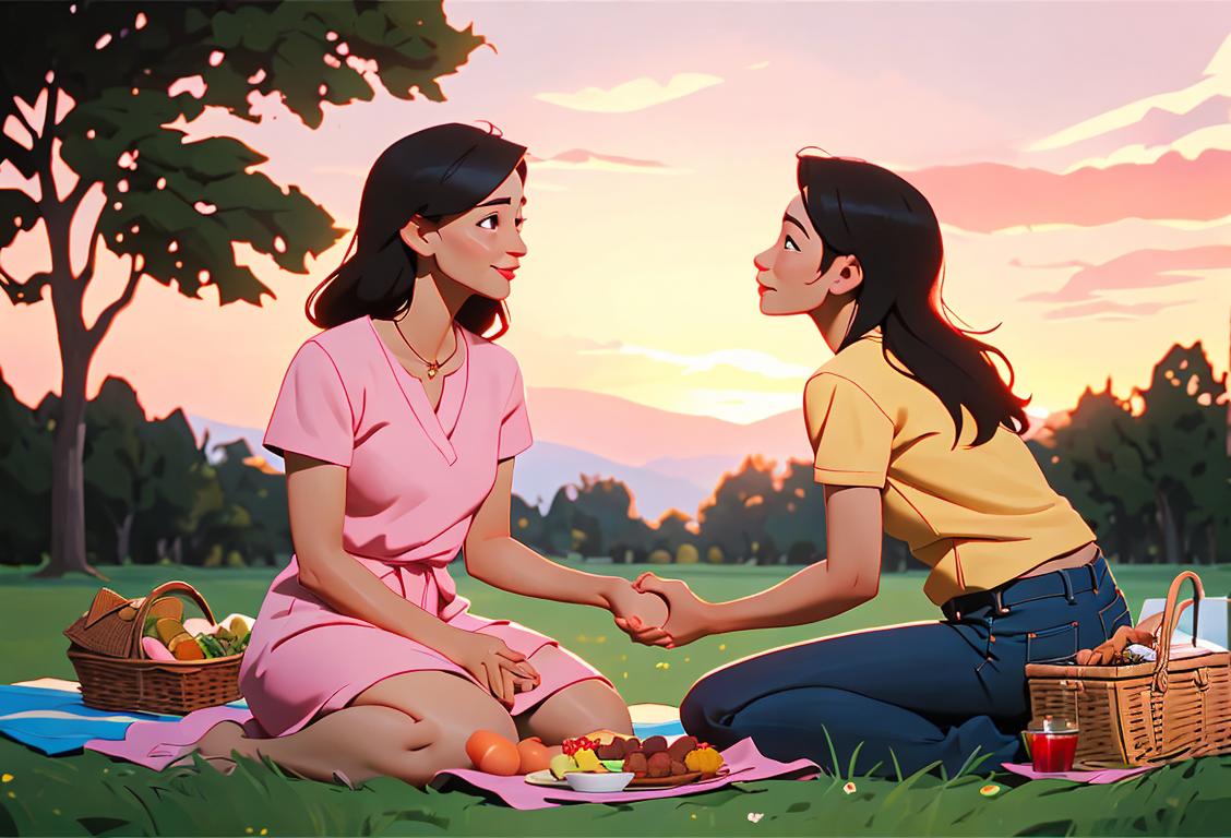 A loving couple holding hands, surrounded by nature, with a picnic basket and a sunset in the background..