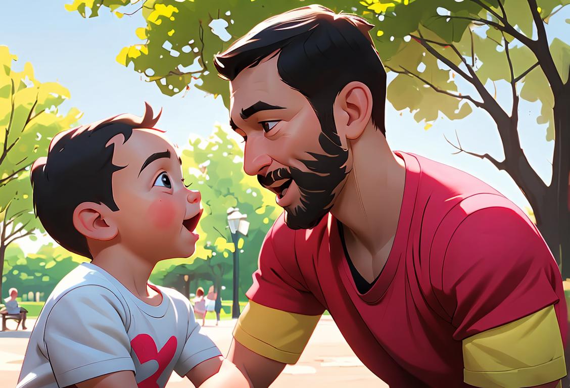A loving father playing with his child in a park, wearing casual attire and enjoying quality time together, capturing the joyful spirit of National Baby Daddy Day..