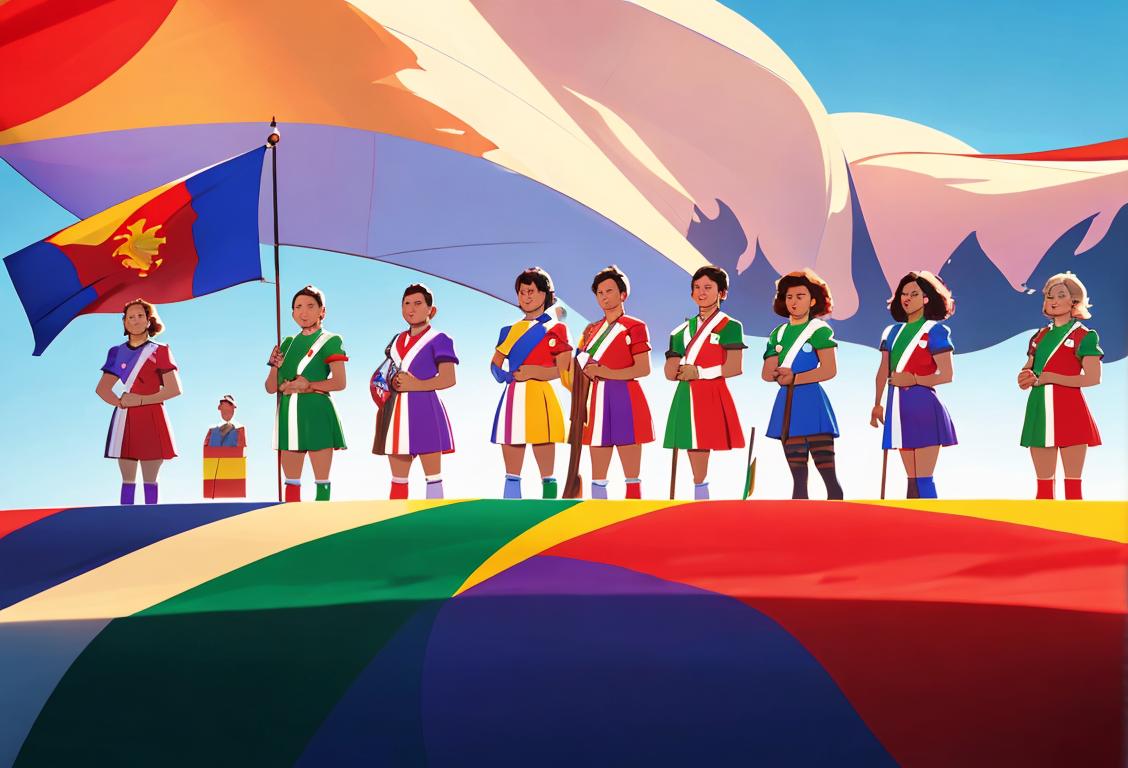 A group of diverse people, dressed in their national colors, holding their country's flag, with a scenic background representing their nation..