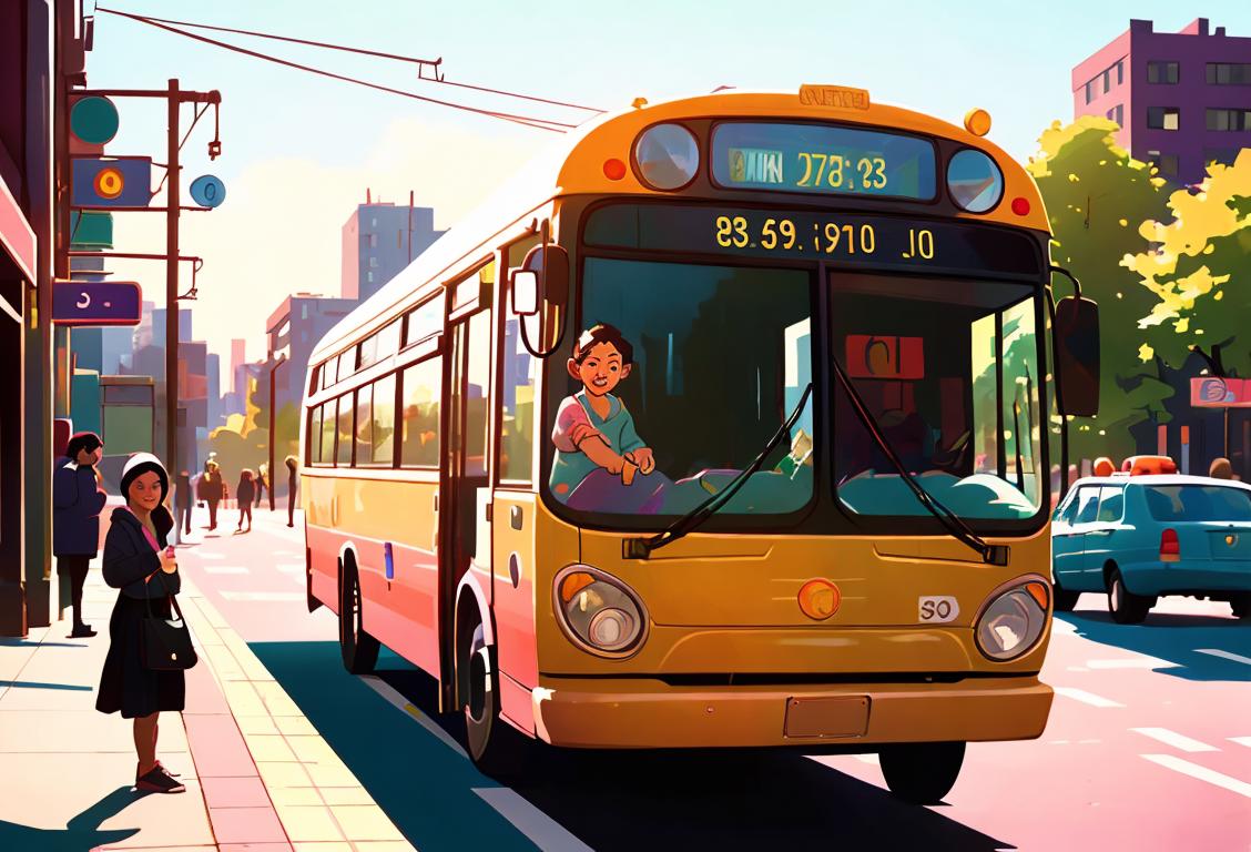 Diverse group of people riding a colorful bus, wearing casual clothing, urban cityscape in the background..