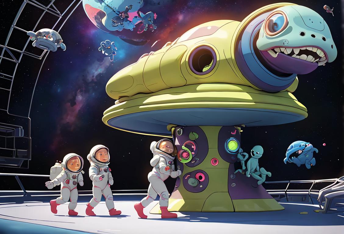 Happy group of children in astronaut costumes exploring a colorful alien-themed playground on National Alien Day. Spaceship climbing structure, futuristic fashion, space backdrop..