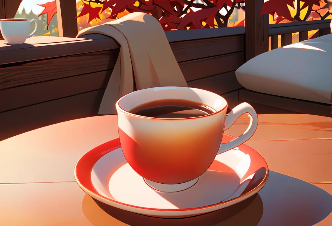 A cozy scene with different types of cups - a coffee mug, teacup, and a red plastic cup surrounded by warm autumn colors and a comfortable setting..