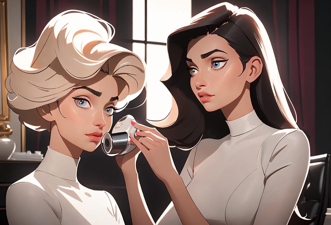 Young woman with voluminous, perfectly styled hair, beaming with confidence and holding a hairdryer. Chic salon setting with sleek furnishings and soft lighting..