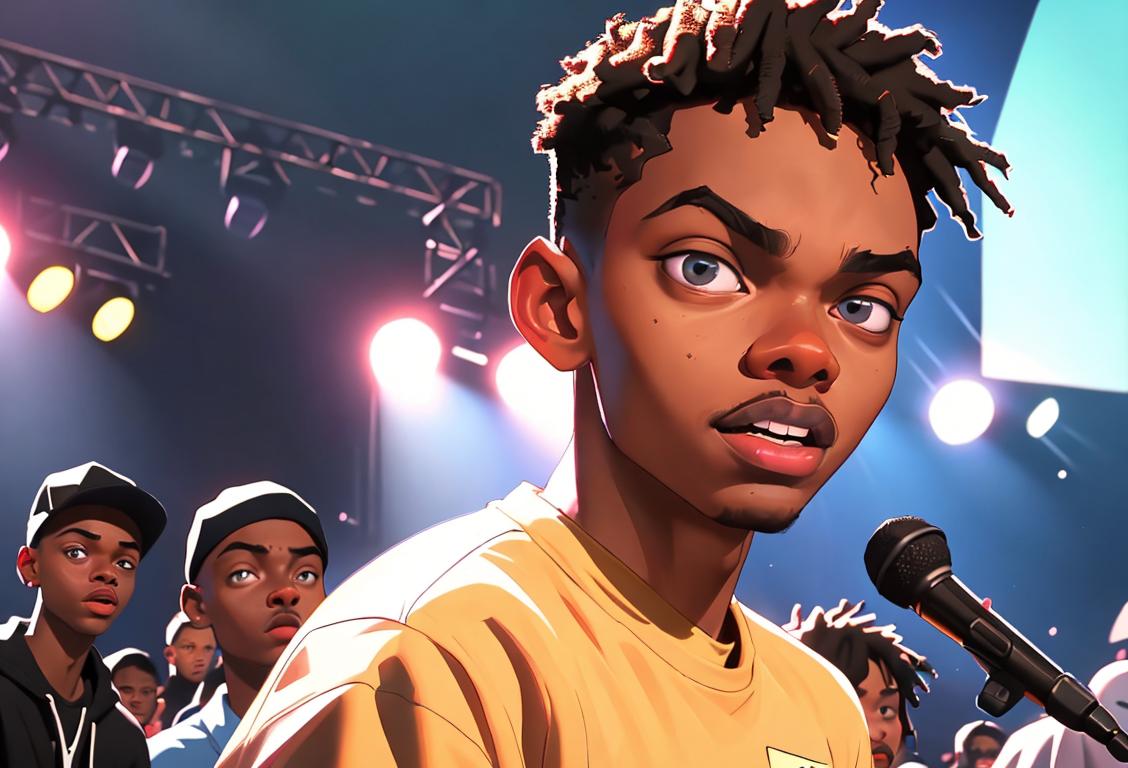 Young man performing on stage, wearing urban streetwear, surrounded by a diverse crowd, vibrant music festival atmosphere..