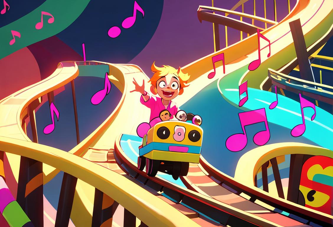 Cheerful person wearing colorful clothing, surrounded by music notes and rollercoaster tracks, representing the ups and downs of life on National Bipolar Day..