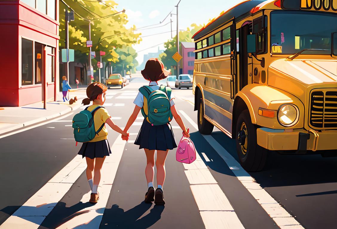 Young children walking hand-in-hand, wearing backpacks and crossing guard vests, with a colorful school bus in the background..