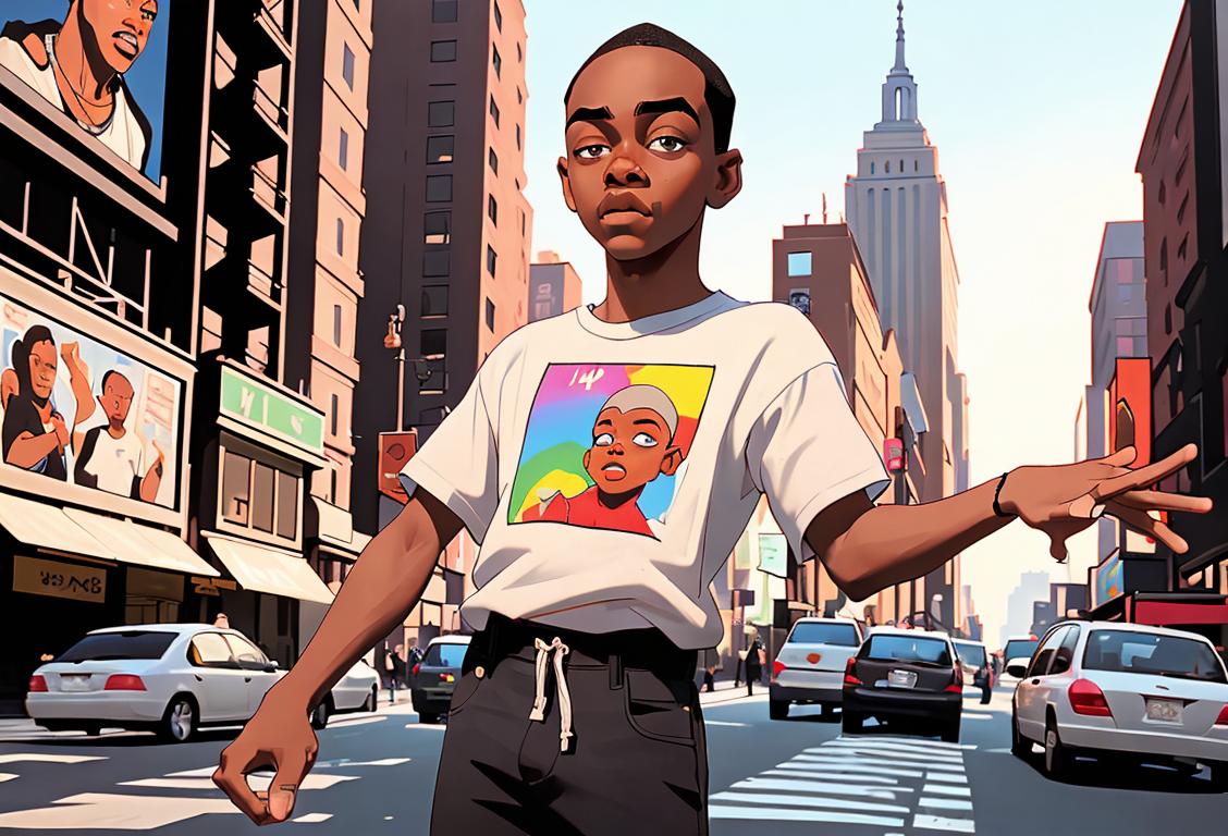 Young man doing the iconic 'Shmoney Dance', wearing a trendy t-shirt, urban street scene, New York City vibes..