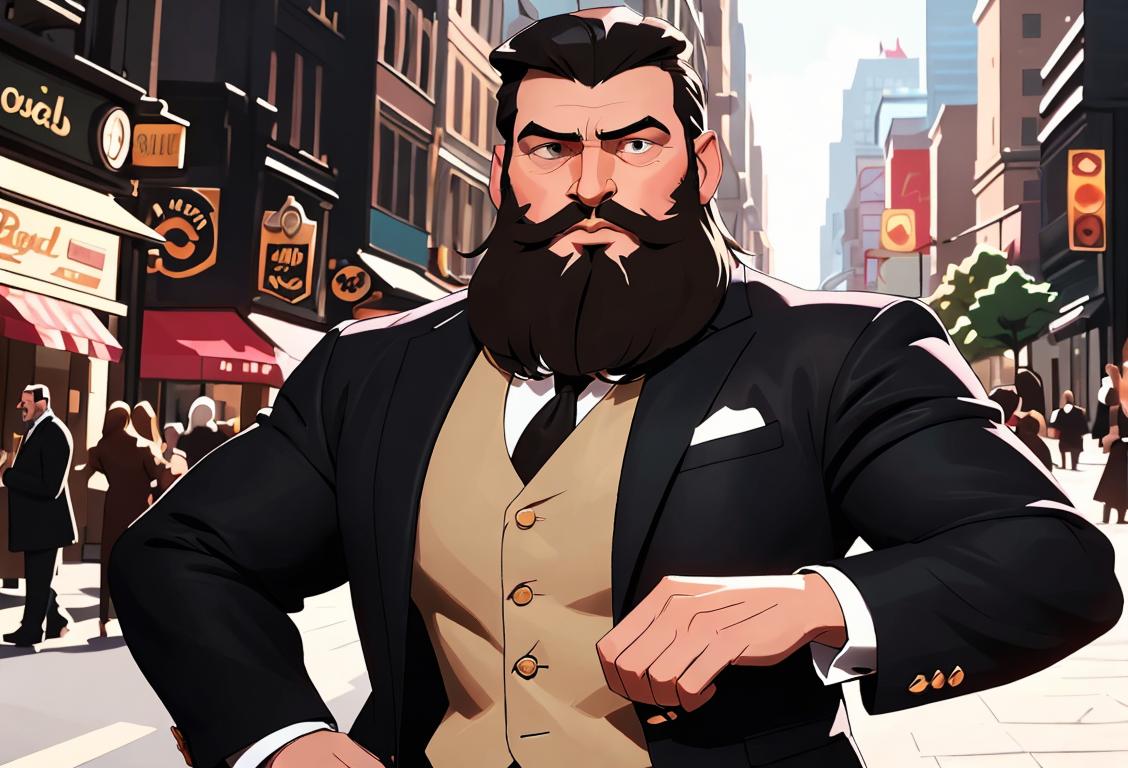 A handsome man with a well-groomed beard, wearing a stylish suit, in a bustling city scene..