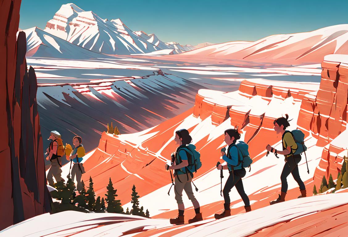 A group of hikers with backpacks, admiring the beautiful Utah landscape, wearing outdoor gear and smiling with excitement..