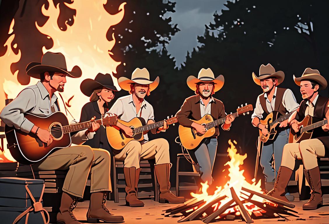 A group of diverse people wearing cowboy hats and boots, enjoying a bonfire and playing guitar on National Alabama Day..