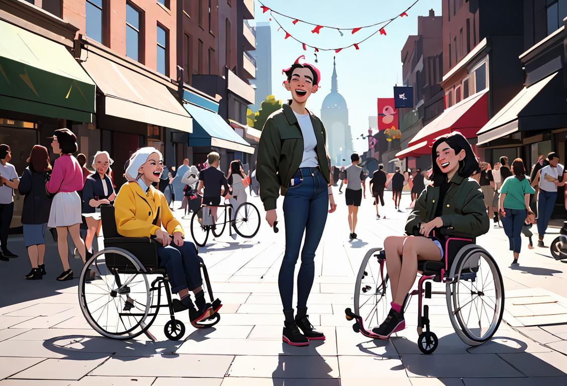Joyful person with a disability, wearing trendy clothing, surrounded by diverse group of friends, urban setting..