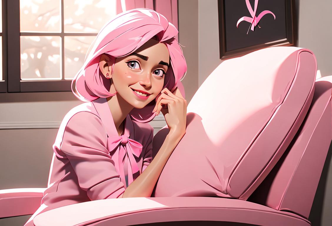 Young woman, wearing a pink ribbon pin, sitting in a cozy waiting room, smiling softly..