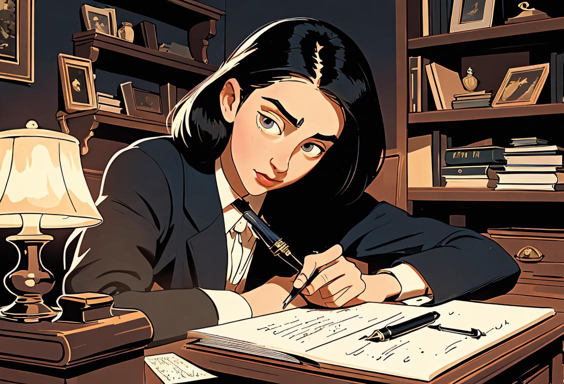 Young individual writing with a fountain pen, wearing vintage clothing, in a cozy study surrounded by shelves of books..