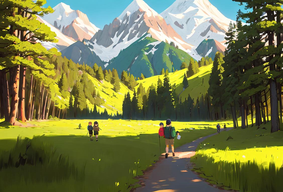 Family hiking in a serene forest, wearing outdoor gear, surrounded by towering trees and distant mountains..