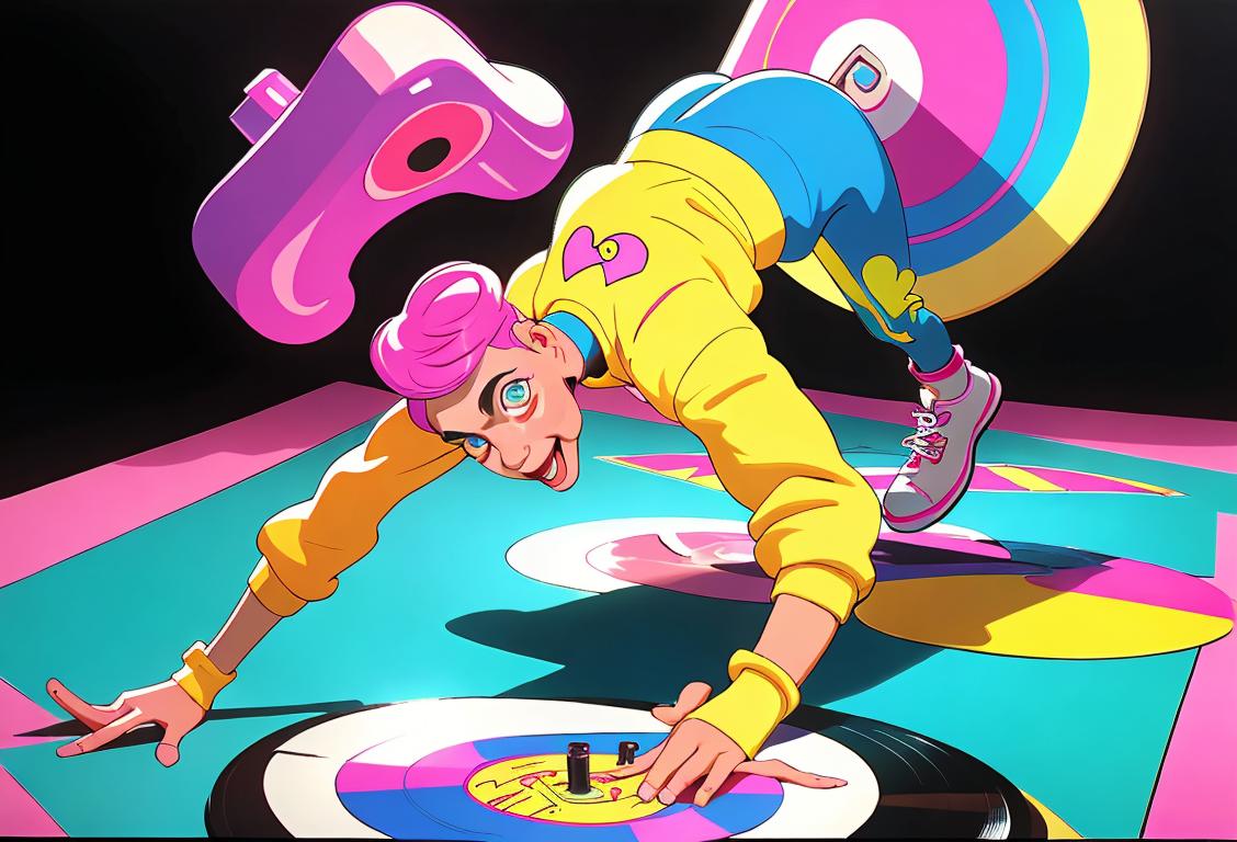 Joyful person breakdancing on a vinyl record, dressed in vibrant 80s fashion, surrounded by a groovy urban setting..