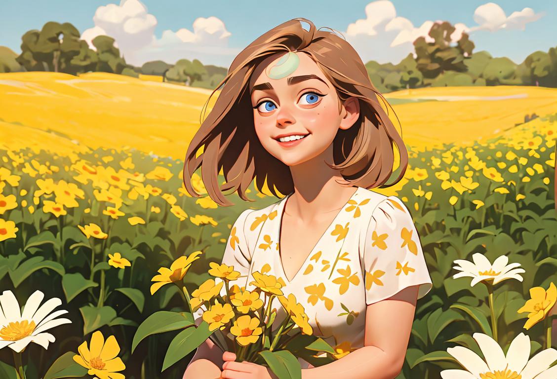Young woman with a delightful smile, wearing a floral dress, surrounded by a field of blooming flowers..