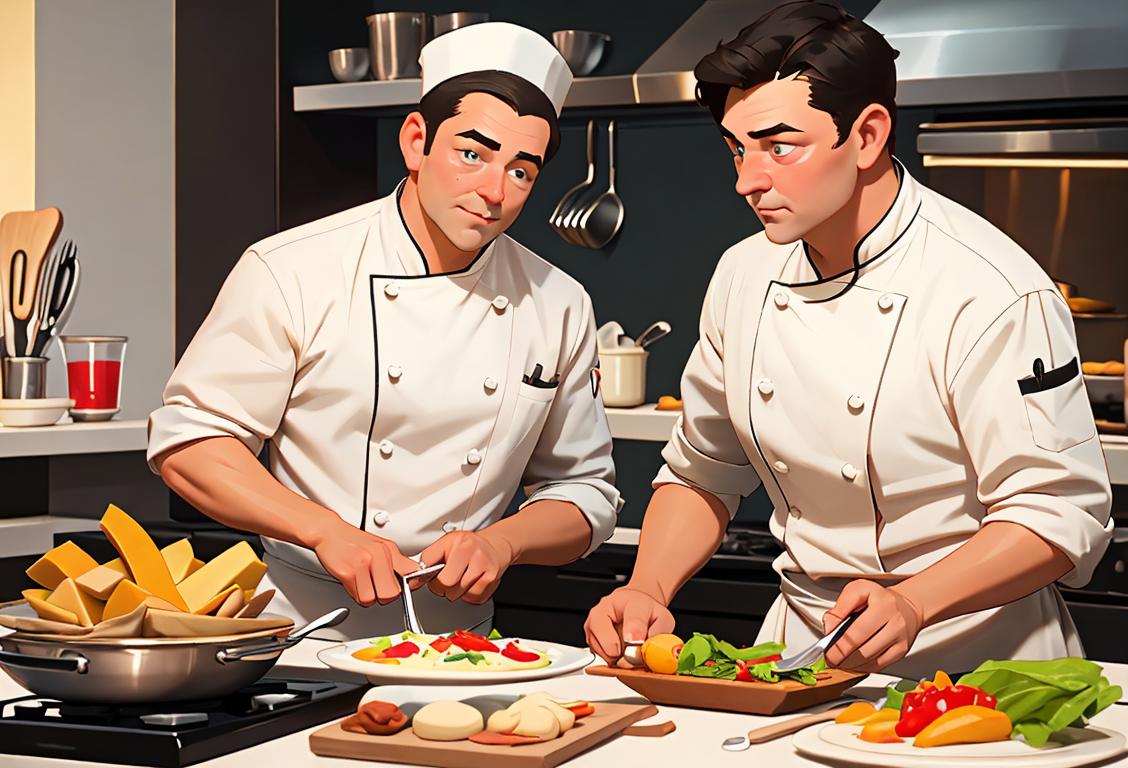 Chefs in white, crisp uniforms, working together in a modern kitchen, surrounded by colorful ingredients and cooking utensils..