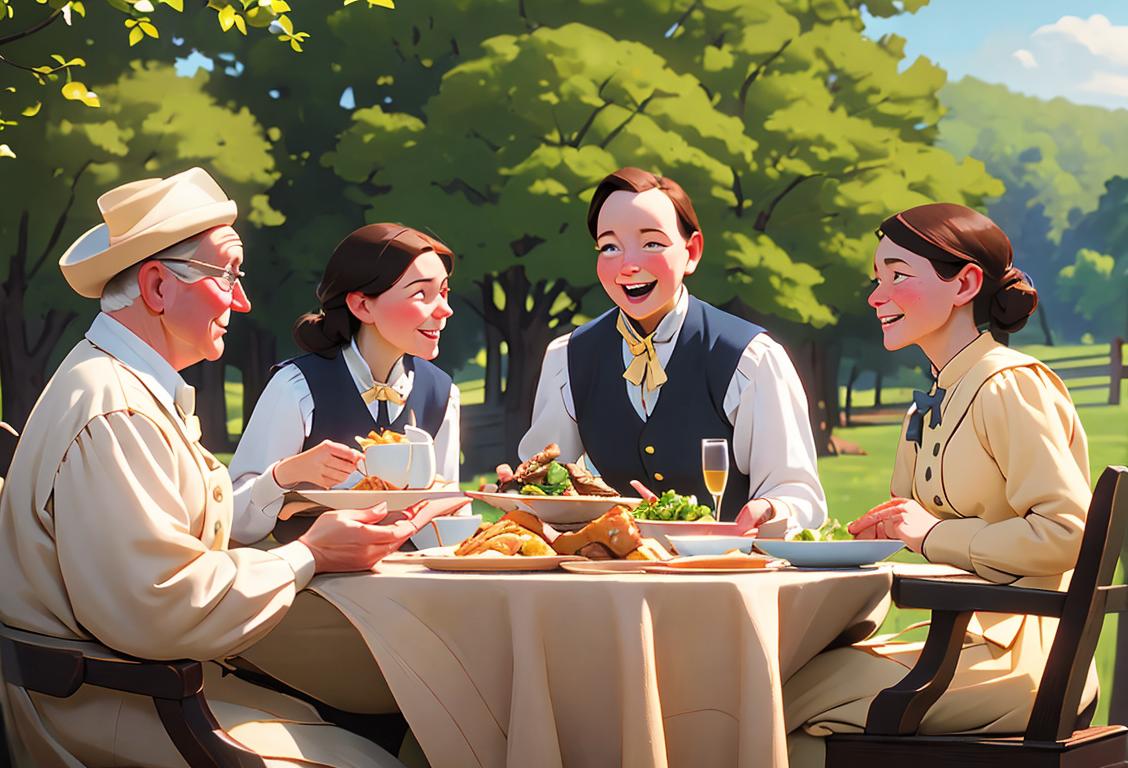 A joyful group of people wearing colonial clothing, exploring a beautiful Connecticut landscape and savoring traditional New England cuisine..