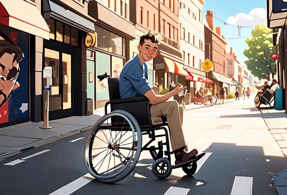 Young man in wheelchair, smiling and confidently rolling down a sunny street, wearing casual clothes, urban city setting..