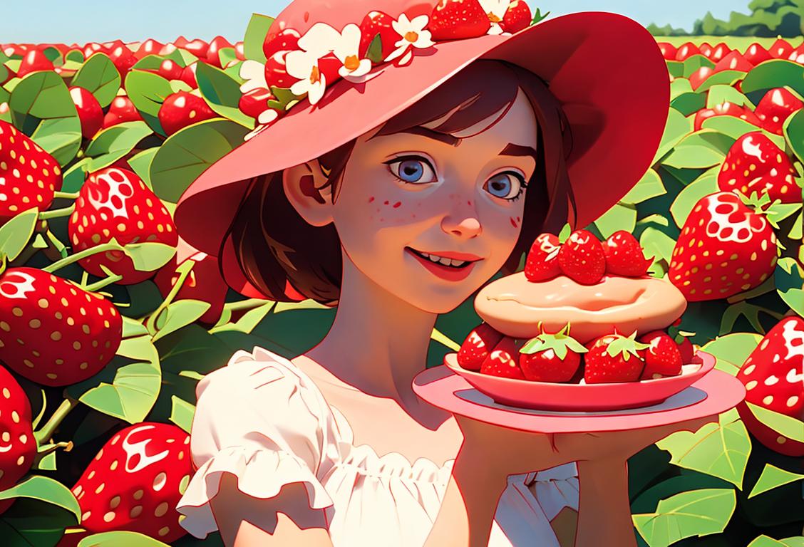 A joyful girl wearing a summer dress, surrounded by strawberry fields, holding a delicious strawberry shortcake..