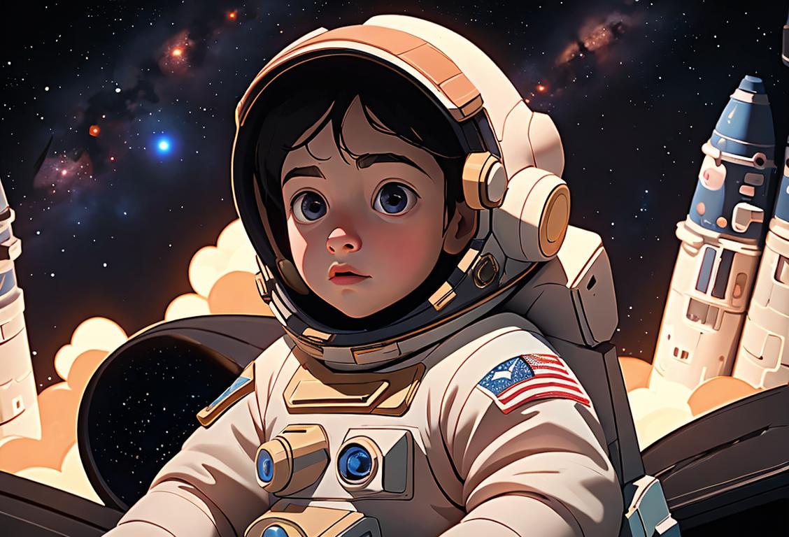 Starry night sky illuminating a wide-eyed child in astronaut costume, surrounded by rockets and planets, backyard setting..