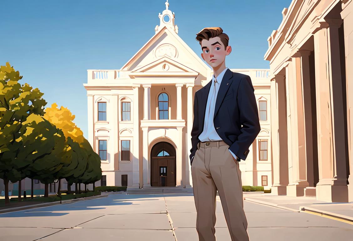 Young man named Evan, wearing a stylish outfit, standing in front of a historic landmark, celebrating National Evan Day..