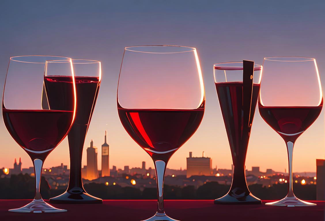 Elegant wine glasses clinking together, people dressed in classy attire, sophisticated city skyline in the background..