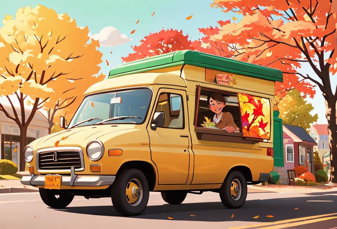 Smiling librarian driving a bookmobile through a cozy small town, surrounded by colorful autumn leaves..