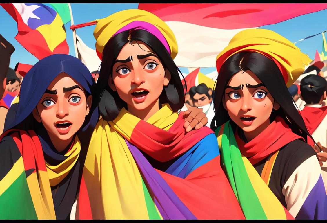 A group of joyful people in traditional Sindhi clothing, celebrating with vibrant flags, amidst a colorful and lively festive atmosphere..