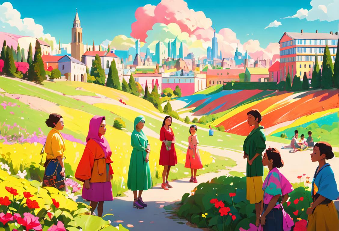 A group of diverse people wearing colorful clothing, surrounded by a vibrant backdrop of nature and city landscapes..