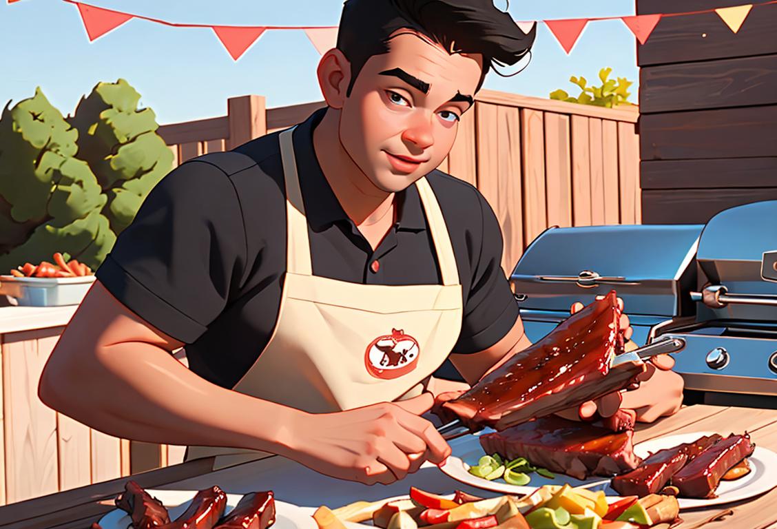 Young man with barbecue tongs, wearing a chef's apron, outdoor backyard scene with a mouthwatering display of baby back ribs..