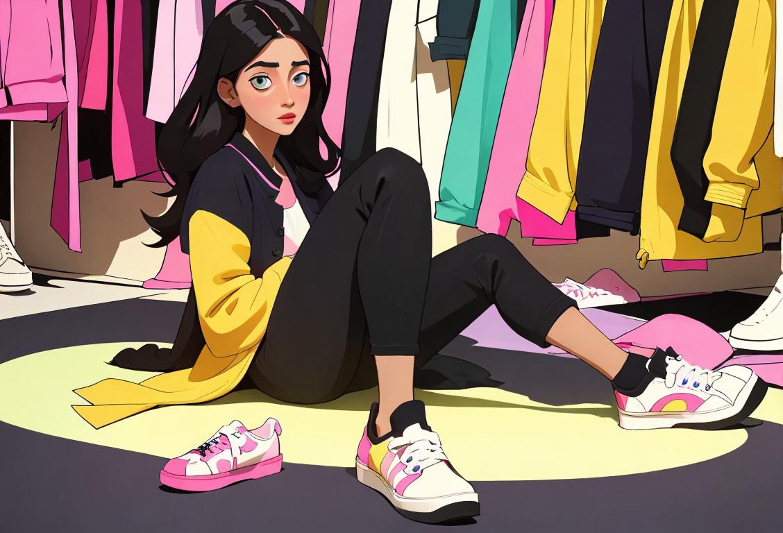 Young woman trying on various pairs of shoes, wearing a colorful outfit, fashion boutique setting..