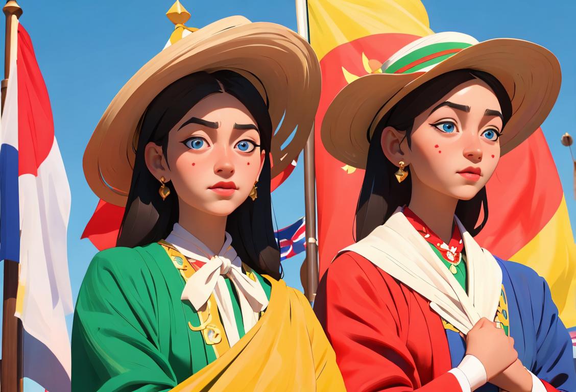 Young people dressed in various traditional costumes from around the world, celebrating National International Day with flags and multi-cultural decorations, vibrant and diverse setting..