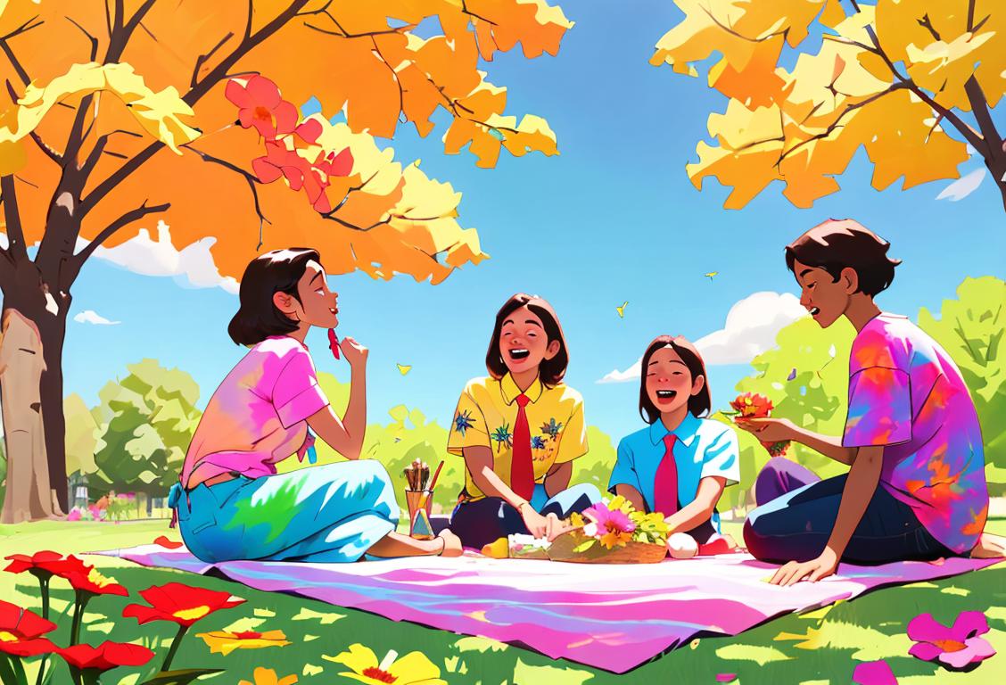 A group of friends enjoying a sunny day in a park, wearing colorful tie-dye shirts, surrounded by vibrant flowers and a picnic blanket..