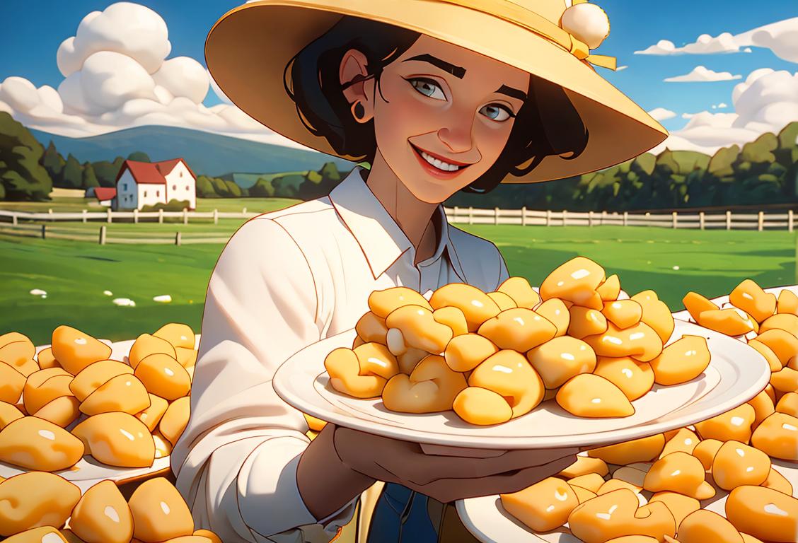 A joyful person holding a plate of cheese curds, wearing a cheese-themed hat, surrounded by dairy farm landscape..