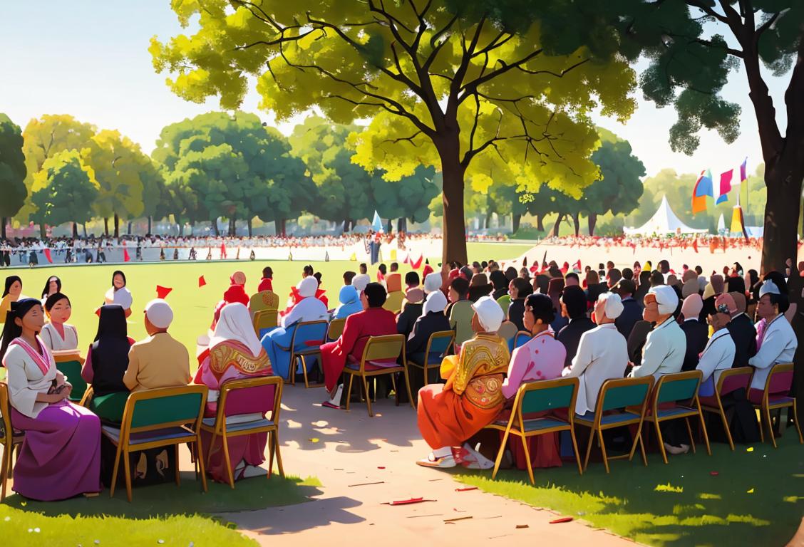Happy, diverse group of people from around the world, wearing cultural clothing, gathered together in a park for the National Ceremony for the World Day..