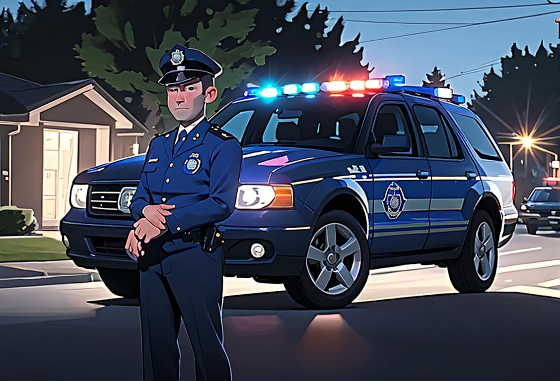 A kind-hearted police officer, wearing a blue uniform, standing in front of a patrol car with flashing lights, in a peaceful suburban neighborhood..