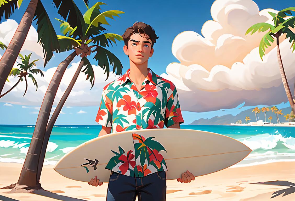 Young man named Brett, wearing a Hawaiian shirt, in a beach setting surrounded by surfboards and palm trees..