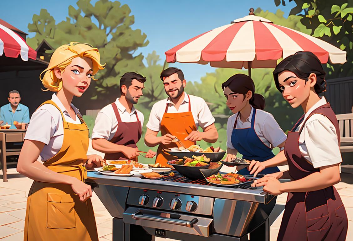 A group of friends gathered around a smoky grill, wearing colorful aprons, sunny backyard setting, with mouthwatering food on the grill..