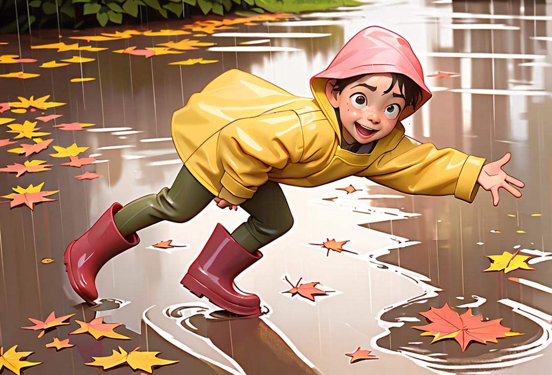 Young child clad in rain boots and an oversized raincoat, gleefully jumping into a muddy puddle on a rainy day, surrounded by colorful autumn leaves..