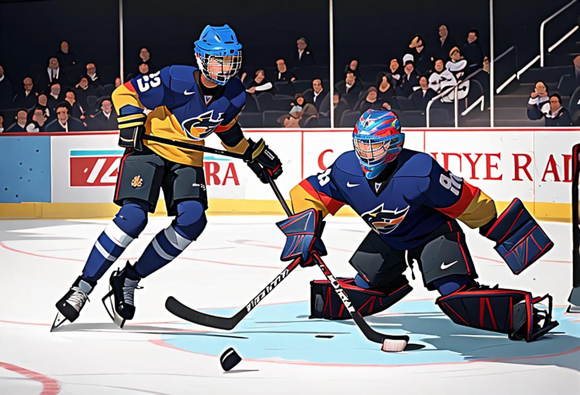 Young goalie in full hockey gear, making an impressive save, with cheering teammates and a vibrant stadium backdrop..