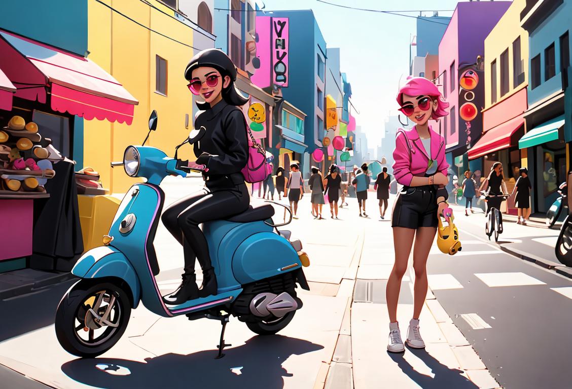 Young woman riding a scooter through a vibrant city street, wearing sunglasses, trendy urban fashion, surrounded by happy pedestrians..