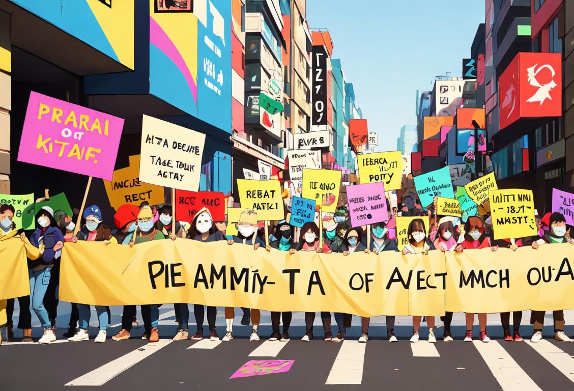 Group of individuals holding colorful signs with peaceful messages, diverse fashion styles and urban city backdrop..