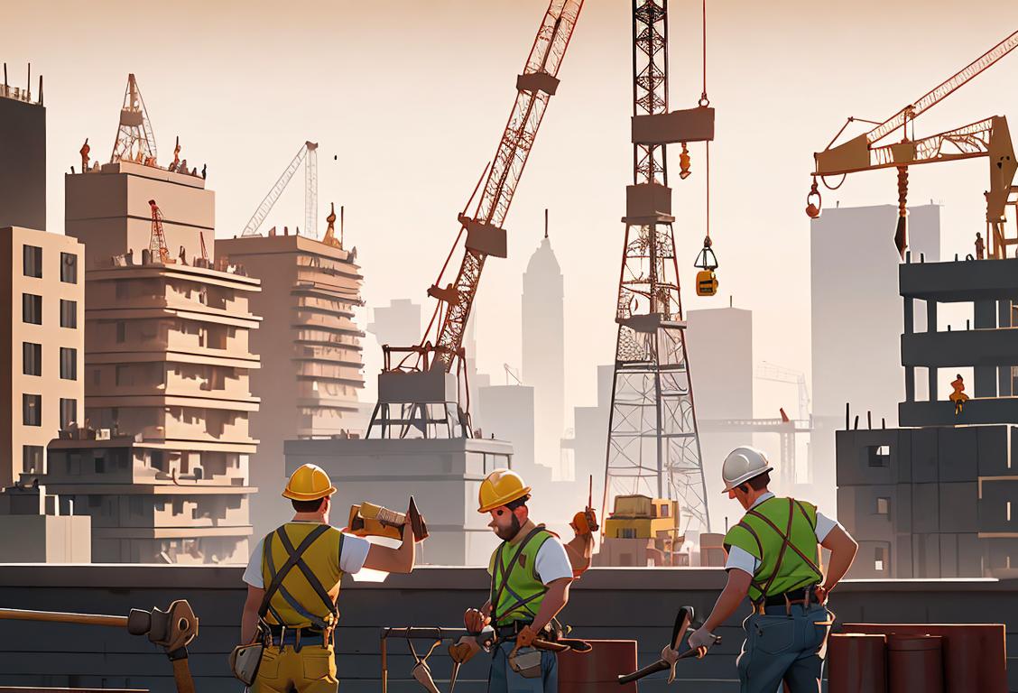 Construction workers wearing hard hats, high visibility vests, and tool belts, standing on a construction site with cranes and scaffolding in the background. Some workers are hammering nails, others are operating heavy machinery. The setting is a bustling city skyline with towering skyscrapers..