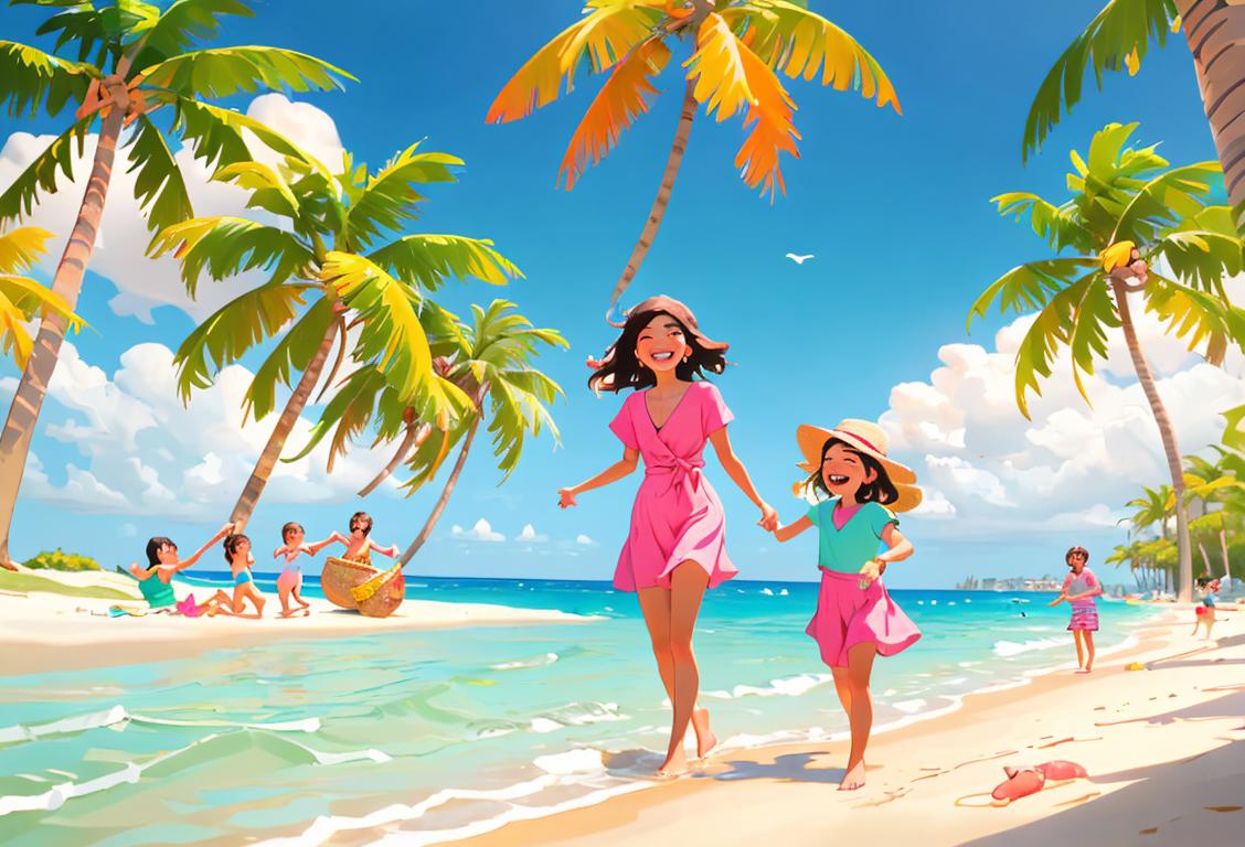 A happy family enjoying a refreshing day at the beach, wearing colorful summer outfits, playing in the water, surrounded by palm trees..