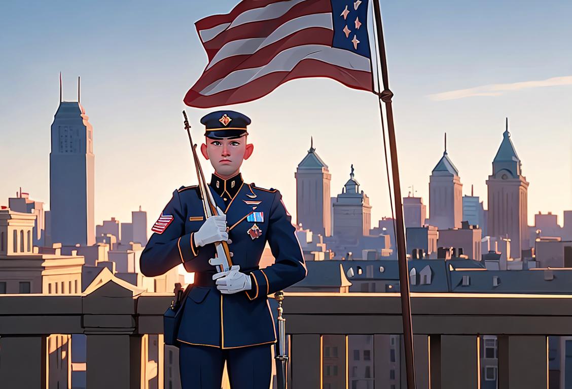 Young National Guard soldier in uniform, standing in front of Philadelphia skyline, holding an American flag..