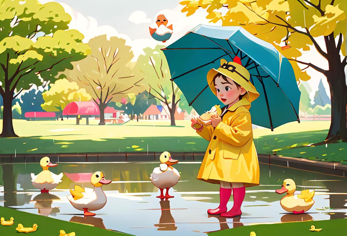 Young child feeding ducks in a serene park setting, wearing a colorful raincoat, classic Americana fashion, cheerful atmosphere..